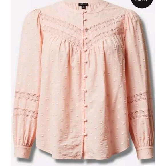 Torrid Sz 0 Large Plus 12 Soft Pink Cotton Clip Dot Lace Trim Long Sleeve Top - Picture 1 of 12